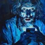A person with wide eyes and an expression of shock holds a smartphone, illuminated by blue light in a dark environment.