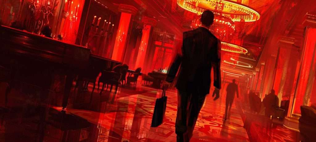 A person in a suit walks through a dimly lit, red-toned, luxurious hall with a briefcase. Chandeliers and ornate decor are visible in the background.