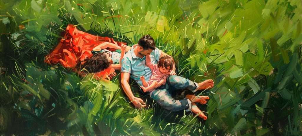 A painting of a family lying in a grassy field. An adult and two children are shown, with the younger child sitting up and the older child lying down, all surrounded by green foliage.