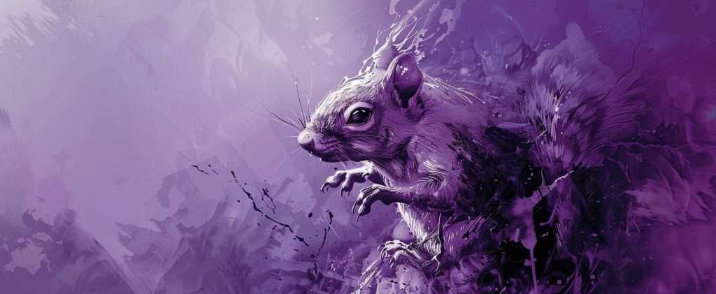 A squirrel in shades of purple stands alertly, surrounded by abstract purple shapes and splashes of paint.