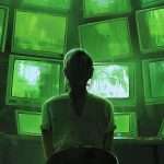 Person sitting in front of numerous green-tinted monitors arranged in a semicircle in a dimly lit room.