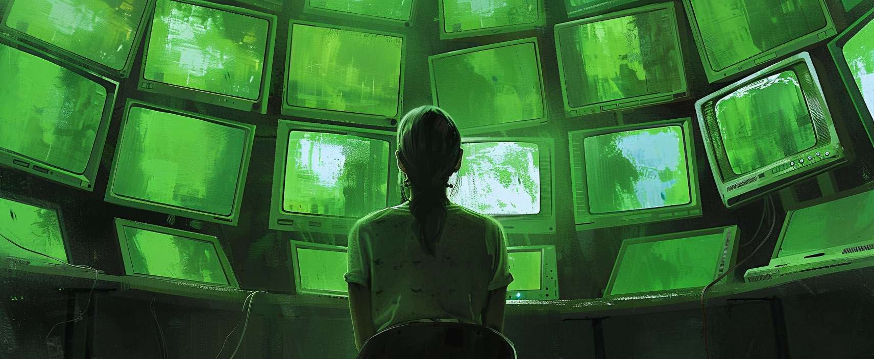 Person sitting in front of numerous green-tinted monitors arranged in a semicircle in a dimly lit room.