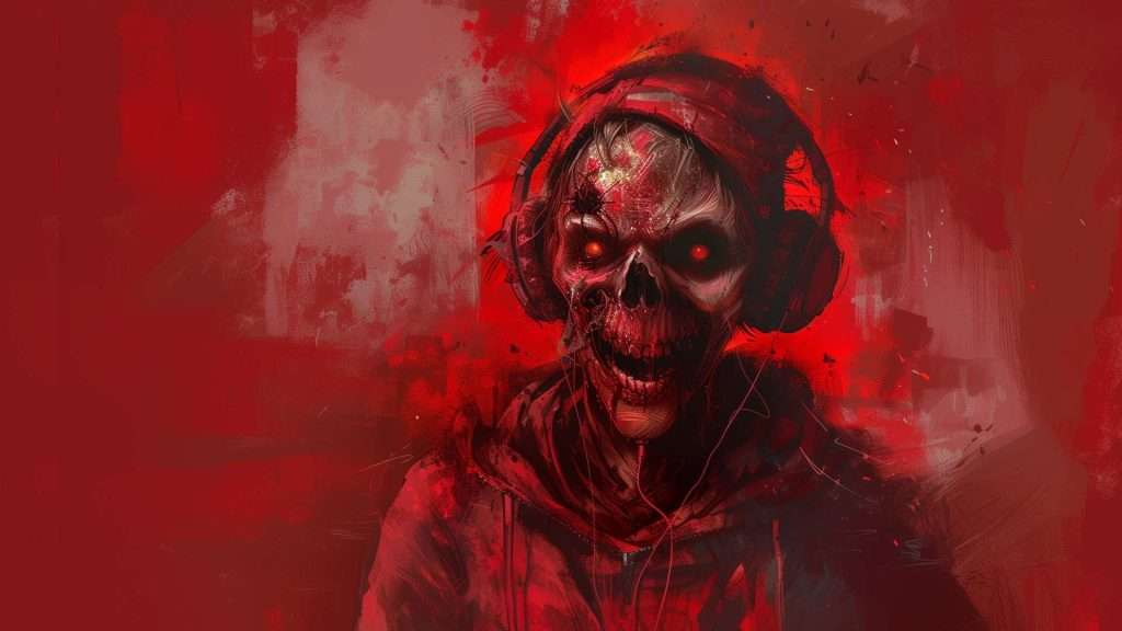 A skeletal figure with a red hooded jacket and headphones on a red, abstract background.