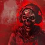 A skeletal figure with a red hooded jacket and headphones on a red, abstract background.