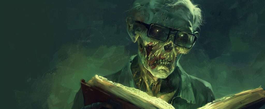 An illustration of a skeletal figure wearing glasses, holding an open book, with eerie glowing eyes and decayed features, set against a dark, greenish background.