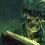 An illustration of a skeletal figure wearing glasses, holding an open book, with eerie glowing eyes and decayed features, set against a dark, greenish background.