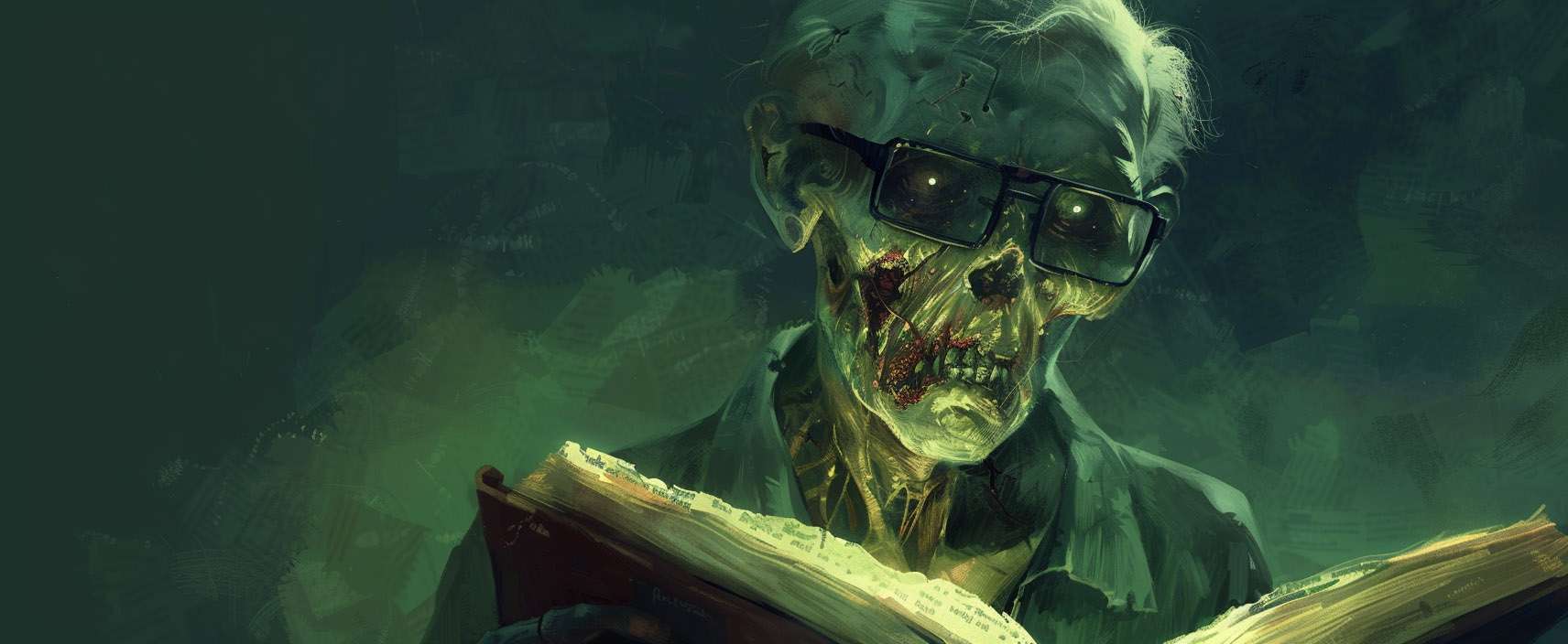 An illustration of a skeletal figure wearing glasses, holding an open book, with eerie glowing eyes and decayed features, set against a dark, greenish background.