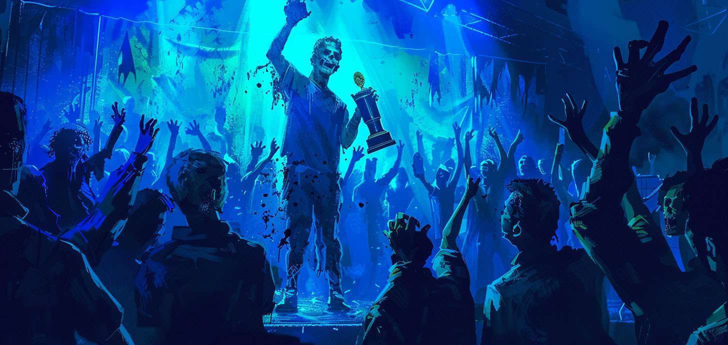A person holding a trophy stands on a stage under blue lights, surrounded by an exuberant crowd with hands raised in celebration.