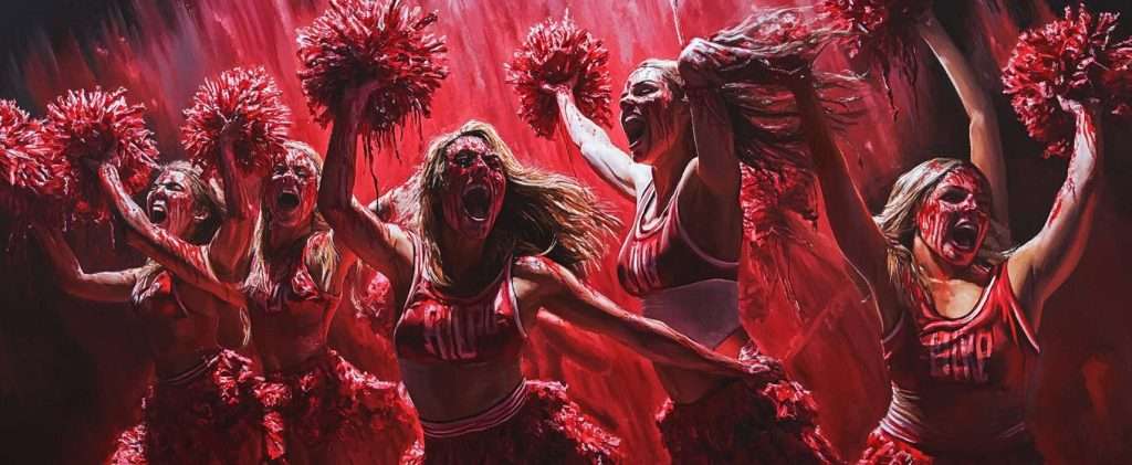 A group of cheerleaders in coordinated red outfits energetically wave their pom-poms against a dramatic red background.