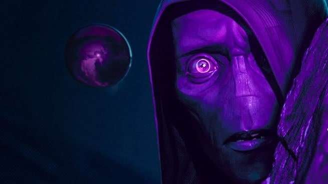 A close-up of a character with a purple face and hood, featuring an intense expression and a mechanical eye. There's a reflective sphere floating in the background.