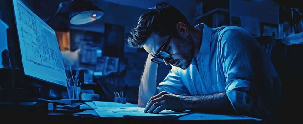A man wearing glasses works intently on blueprints at a desk, illuminated by a desk lamp and computer screen in a dimly lit room.
