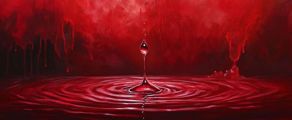 A single red droplet falls into a pool, creating ripples against a backdrop of dark red and black hues.