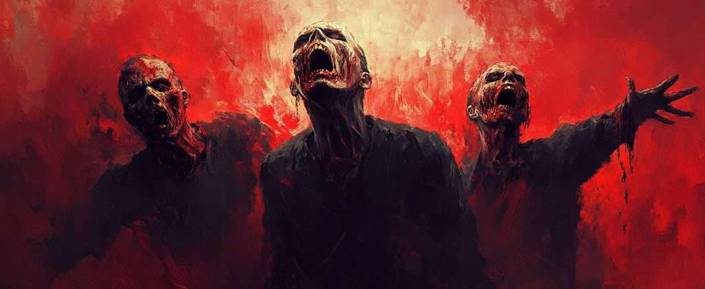 Three zombie-like figures with open mouths and decayed flesh appear in a dark, red-hued environment, giving a sense of horror and dread.