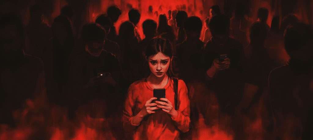 A young woman looks at her phone with concern, surrounded by a crowd of people also looking at their phones in a dimly lit, red-toned environment.