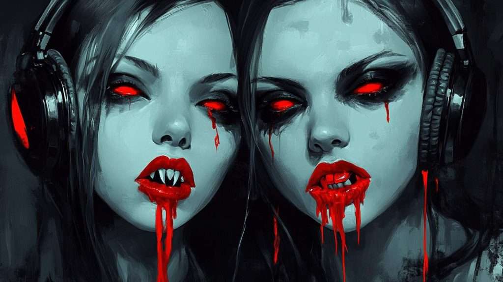 Two characters with pale blue skin, red eyes, and blood dripping from their mouths wear headphones and stare forward.