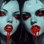 Two characters with pale blue skin, red eyes, and blood dripping from their mouths wear headphones and stare forward.