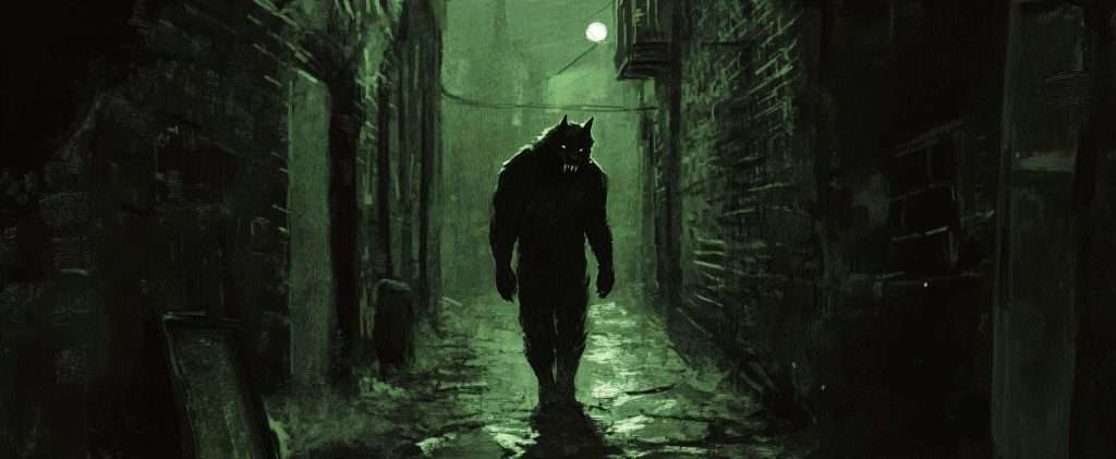 A menacing werewolf silhouette walks through a dimly lit, narrow alleyway at night.