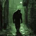 A menacing werewolf silhouette walks through a dimly lit, narrow alleyway at night.