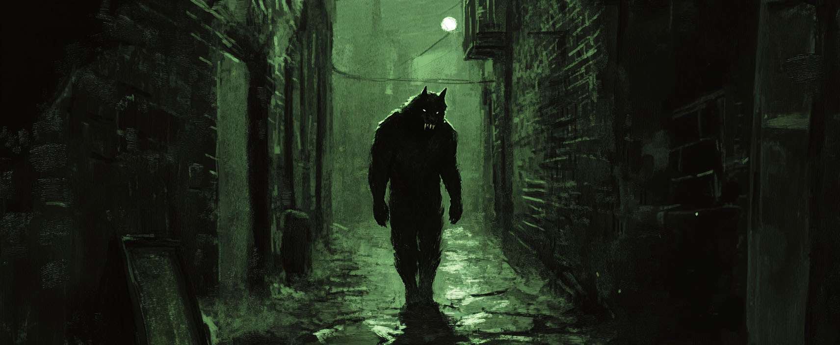 A menacing werewolf silhouette walks through a dimly lit, narrow alleyway at night.