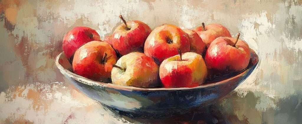 Painting of a bowl filled with red and yellow apples, placed on a textured surface with a blurred, abstract background.