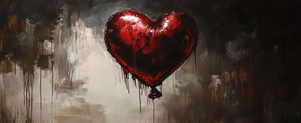 A red, heart-shaped balloon with a reflective surface appears to be melting, with dark and moody background tones.
