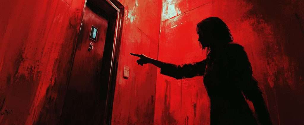 A silhouette of a person points towards a door with a small window, set against intensely red-colored walls.