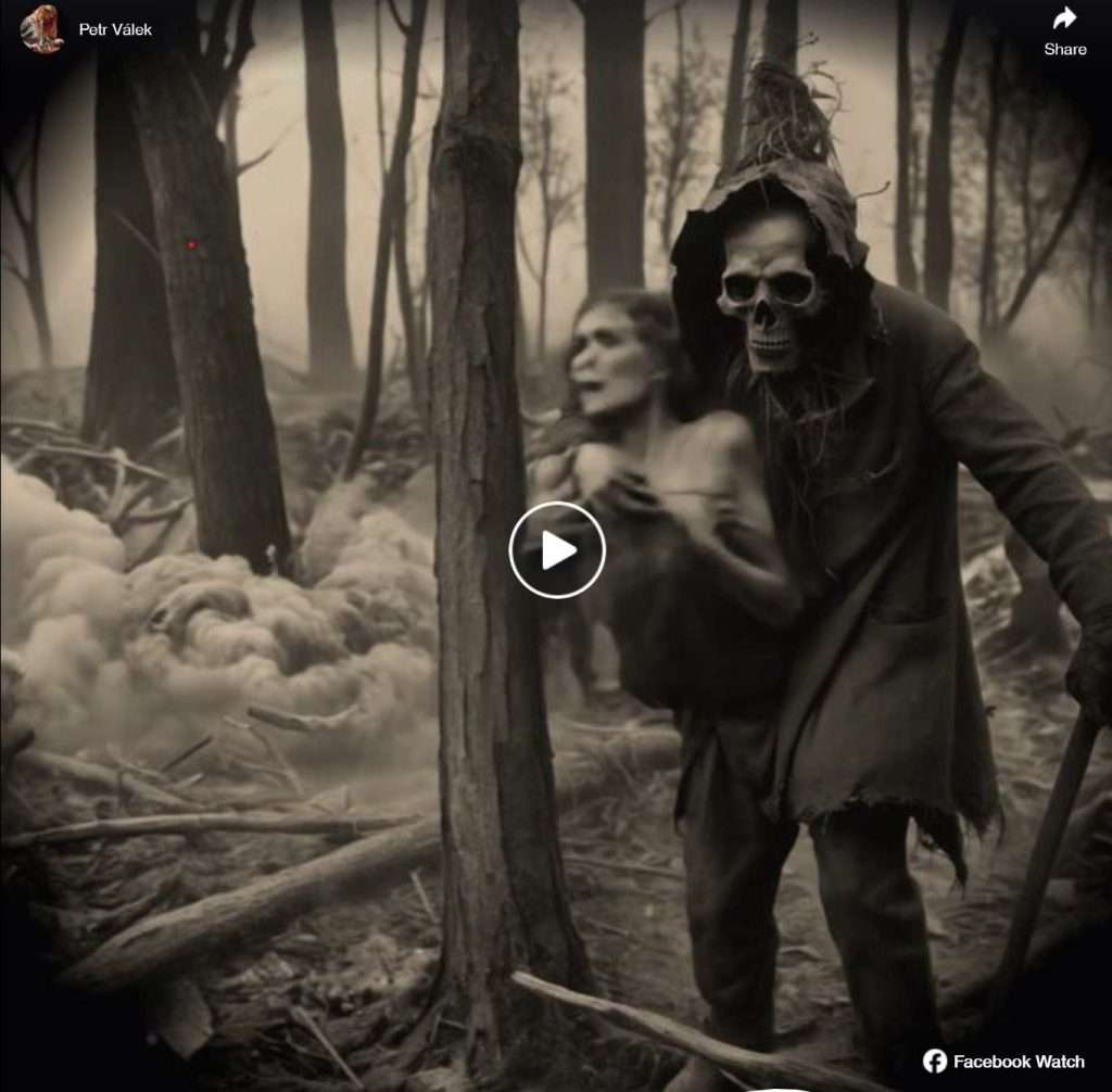 A dark, eerie scene in the woods showing a skeletal figure with a hooded cloak leaning on a staff, holding a woman who looks distraught. The background is filled with smoke and dead trees.