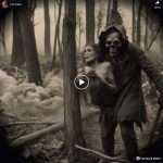 A dark, eerie scene in the woods showing a skeletal figure with a hooded cloak leaning on a staff, holding a woman who looks distraught. The background is filled with smoke and dead trees.