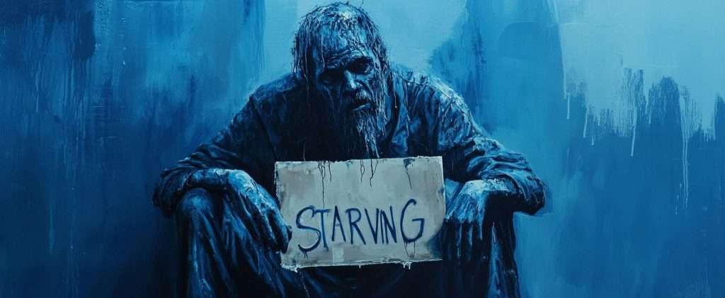 A painting of a person sitting against a wall, holding a cardboard sign that reads "STARVING." The scene is rendered in various shades of blue.