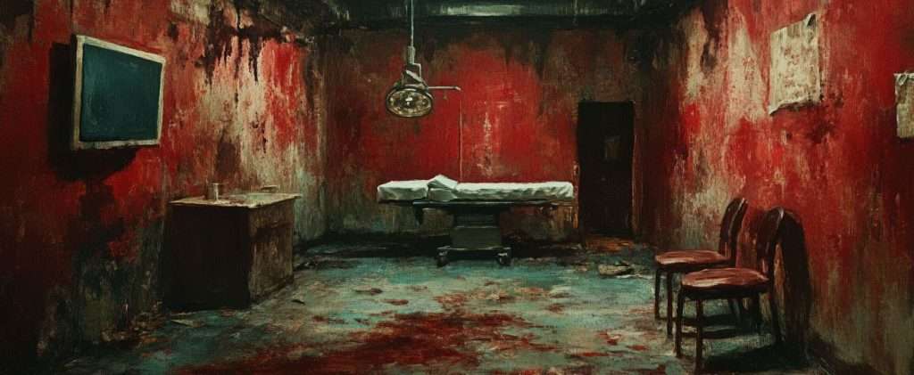 A dimly lit, worn-down room with peeling red walls, an examination table, a small cabinet, two chairs, and an overhead surgical light.