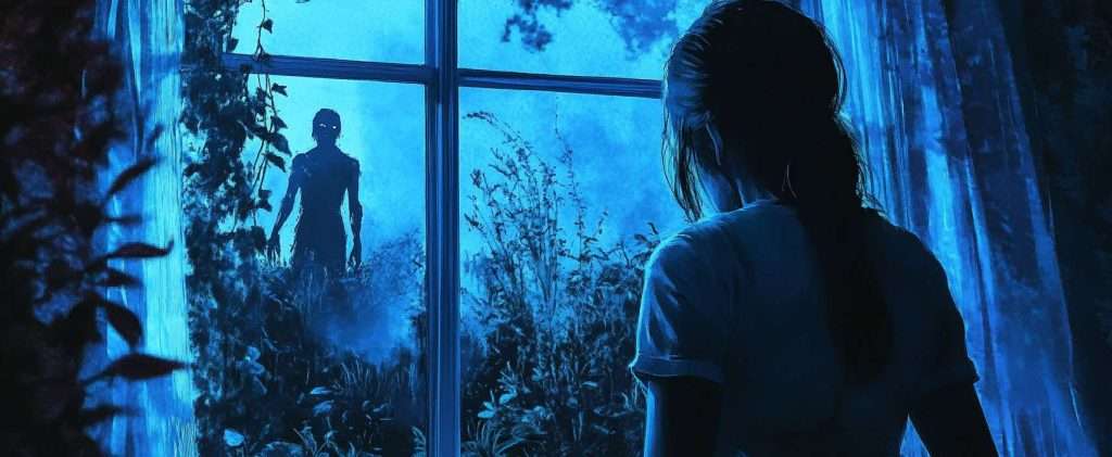 A person stands inside a room in front of a window, looking out at a silhouetted figure with glowing eyes in a mysterious, misty, blue-toned outdoor setting.