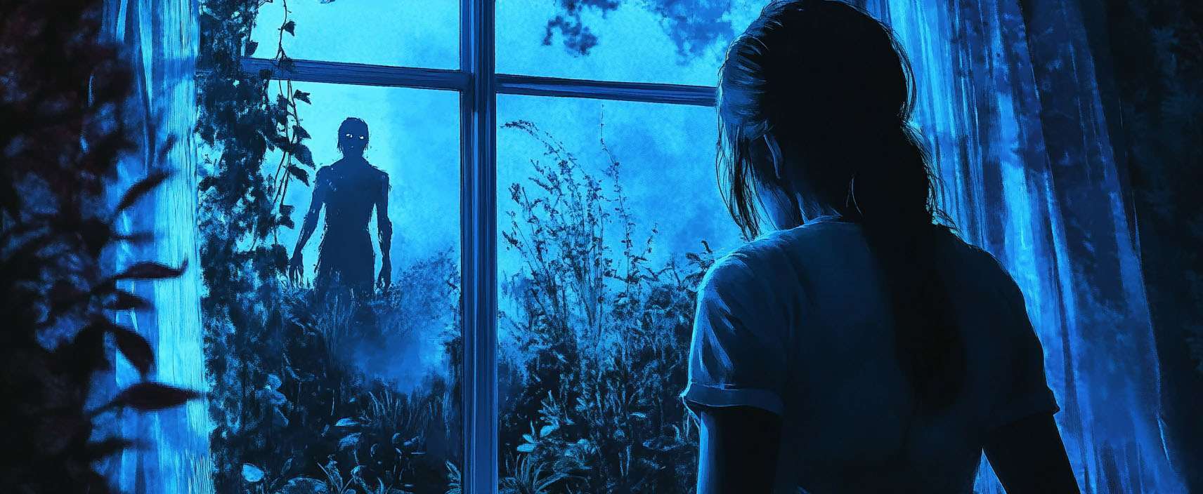 A person stands inside a room in front of a window, looking out at a silhouetted figure with glowing eyes in a mysterious, misty, blue-toned outdoor setting.