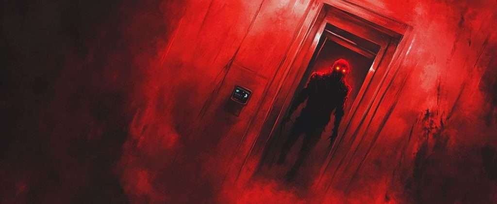 Silhouette of a figure with glowing red eyes standing in a red, smoke-filled hallway, illuminated by a rectangular light source in the background.