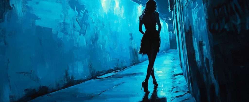 Silhouette of a person in a dress and high heels walking down a dimly lit, blue-toned alley.