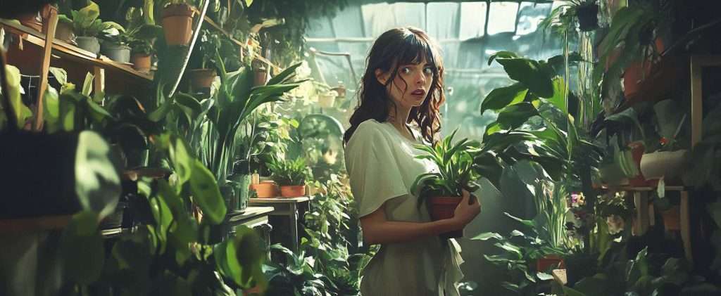 A woman holding a potted plant stands amidst various green plants in a well-lit indoor garden.