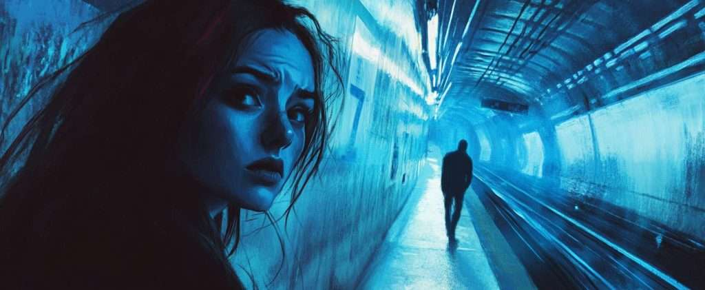 A woman with a concerned expression stands in a dimly lit, blue-toned underground tunnel as a solitary figure walks away in the distance.