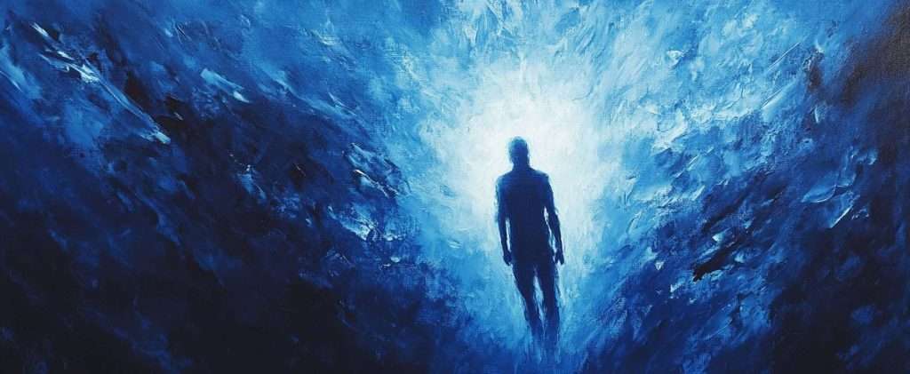 A silhouette of a person standing against a bright light, surrounded by dark and swirling shades of blue.