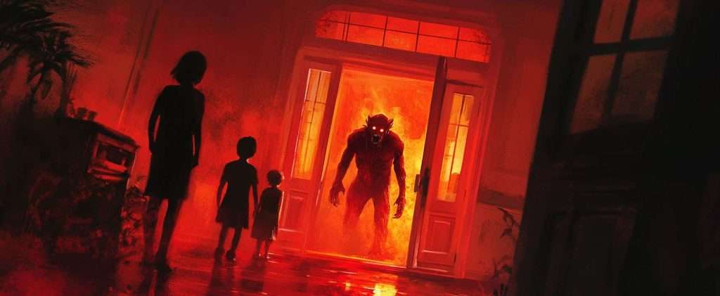 Three silhouetted figures stand in a doorway facing a monstrous, fiery being emerging from a brightly lit red door.
