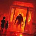 Three silhouetted figures stand in a doorway facing a monstrous, fiery being emerging from a brightly lit red door.