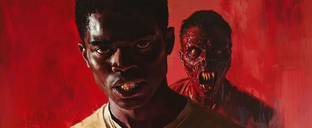 A man stands in a dim light with a fierce expression, while a zombie-like figure with a partially decomposed face and sharp teeth appears directly behind him against a red background.