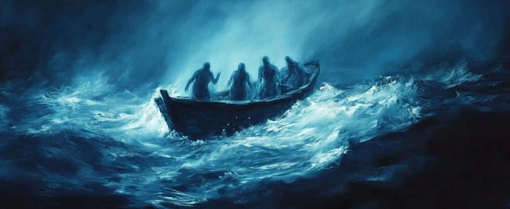 Painting of five shadowy figures in a small boat on a turbulent, stormy sea with dark, swirling waters and an eerie, blue-lit atmosphere.