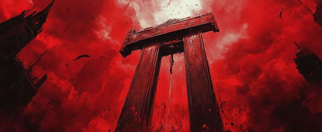 An ominous large red structure stands against a blood-red sky with dark clouds and distant, shadowy towers.