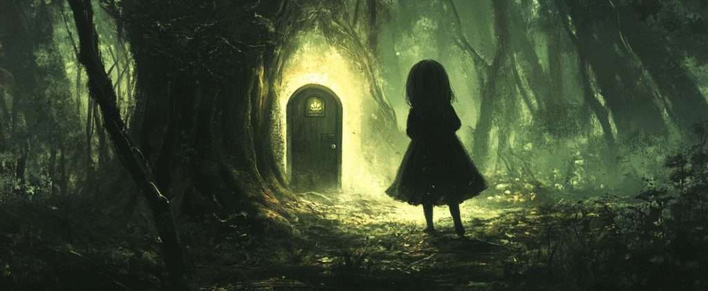 A silhouette of a person stands in a dark forest, facing a small, illuminated door set within a large tree.