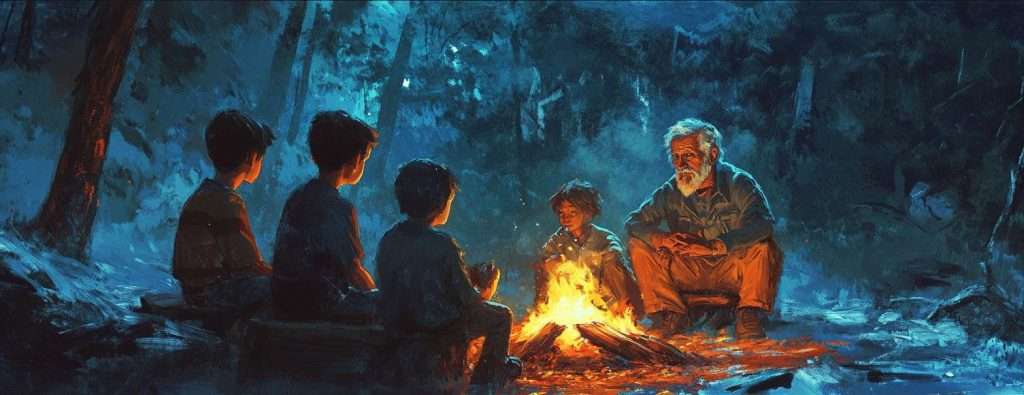 A group of four children and an elderly man sit around a campfire in a forest at night, with warm light from the fire illuminating their faces.