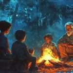 A group of four children and an elderly man sit around a campfire in a forest at night, with warm light from the fire illuminating their faces.