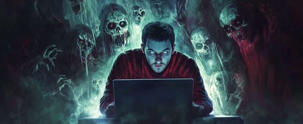 A person intently uses a laptop, surrounded by ghostly figures and eerie shadows emanating from the screen.