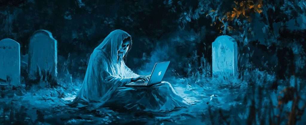 A cloaked figure sits among tombstones at night, using a glowing laptop.