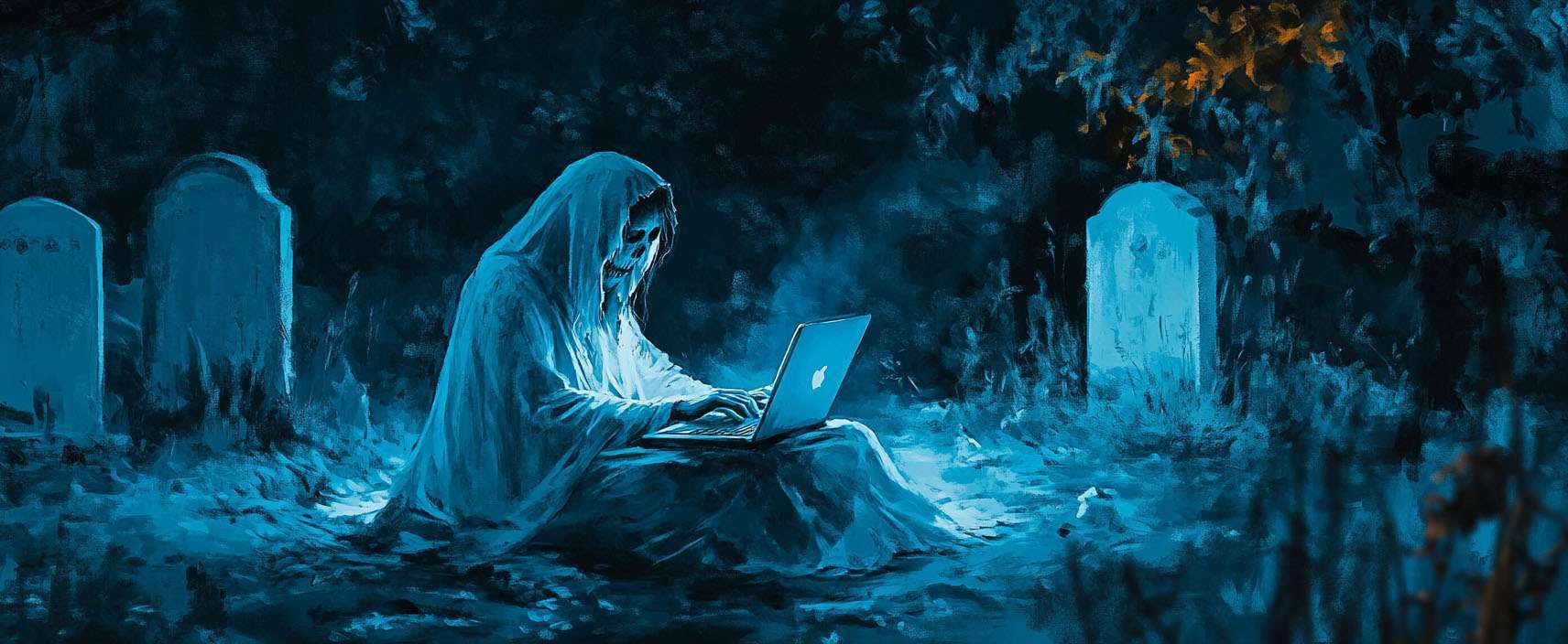 A cloaked figure sits among tombstones at night, using a glowing laptop.