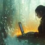 A person sits in front of a laptop amid a snowy forest, with an ethereal light surrounding them.