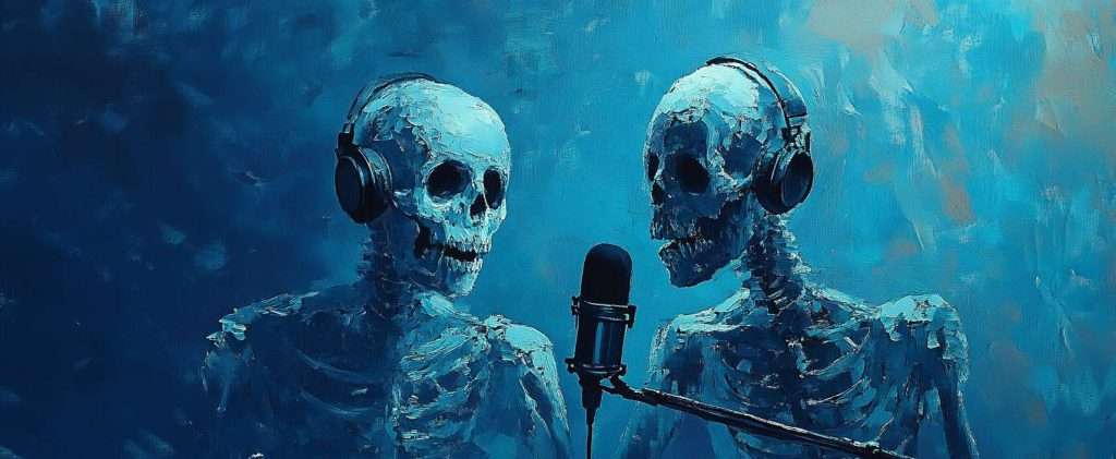 Two skeletons wearing headphones face each other, standing beside a microphone in a blue-hued, painterly style image.